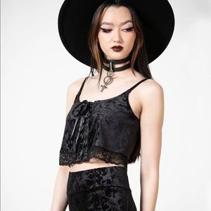 Black Velvet Lace Up Crop Tank